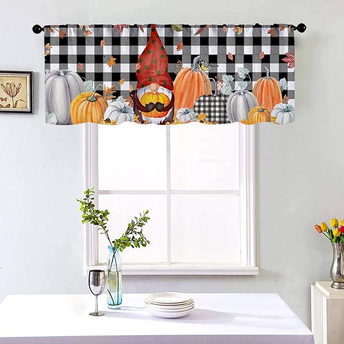 Fall Pumpkin Kitchen Curtains Thanksgiving Day Buffalo Plaid Design by BrilliStar
