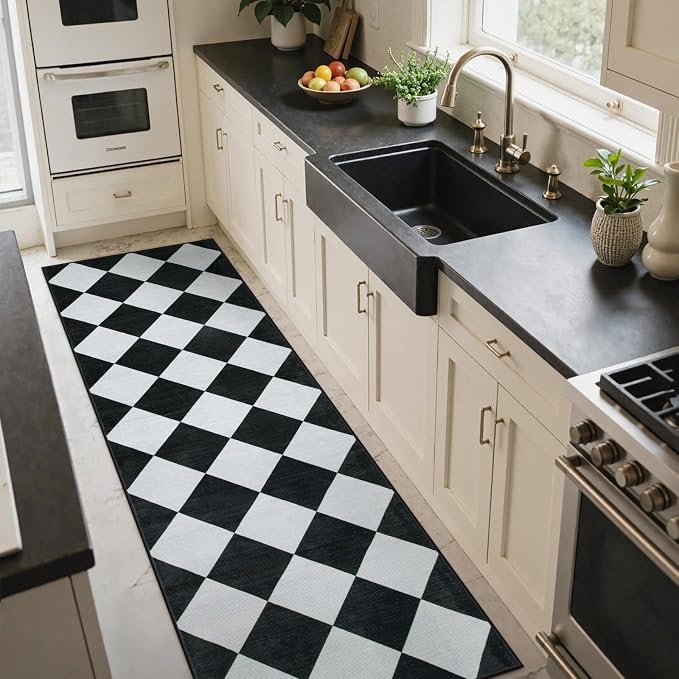 Beeiva Checkered Print Runners for Hallways 2.5x8, Ultra Thin Black Kitchen - Image 3