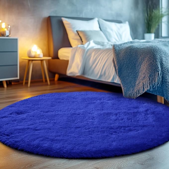 Fluffy Round Rugs for Bedroom Blue: 4ft Fluffy Circle Area Rug for Kids Room- - Image 5