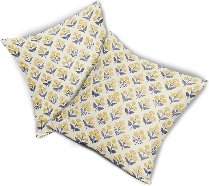 Navy Blue Yellow Floral Block Print Pillow Covers 18x18 Inch Set of 2, Vintage - Image 8