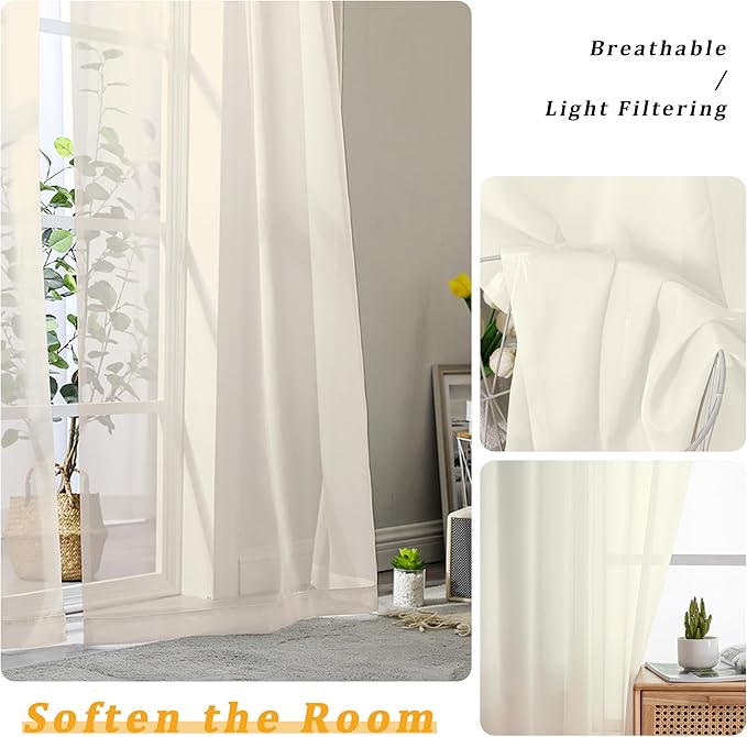 Gwine Cream Sheer Curtains 68 Inches Long 2 Panels Set, Light Filtering Sheer - Image 3