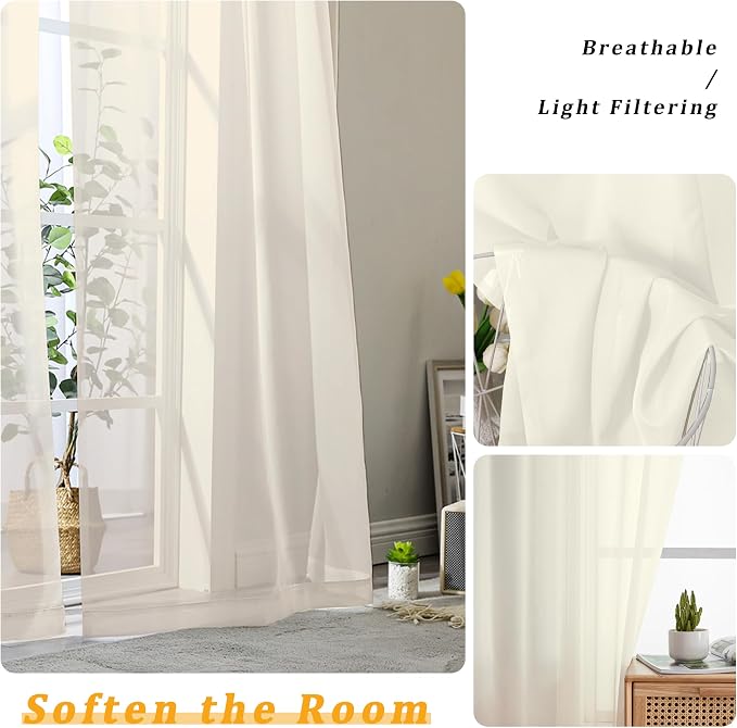 Gwine Cream Sheer Kitchen Curtains 36 Inch Length, Light Filtering Voile Soft - Image 3