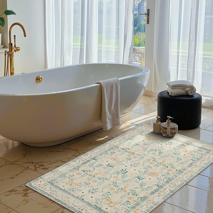 Rugxara Door Mat Floral Entryway Rug, Washable Samll 2x3 Rug, Boho Beige Front - Image 2