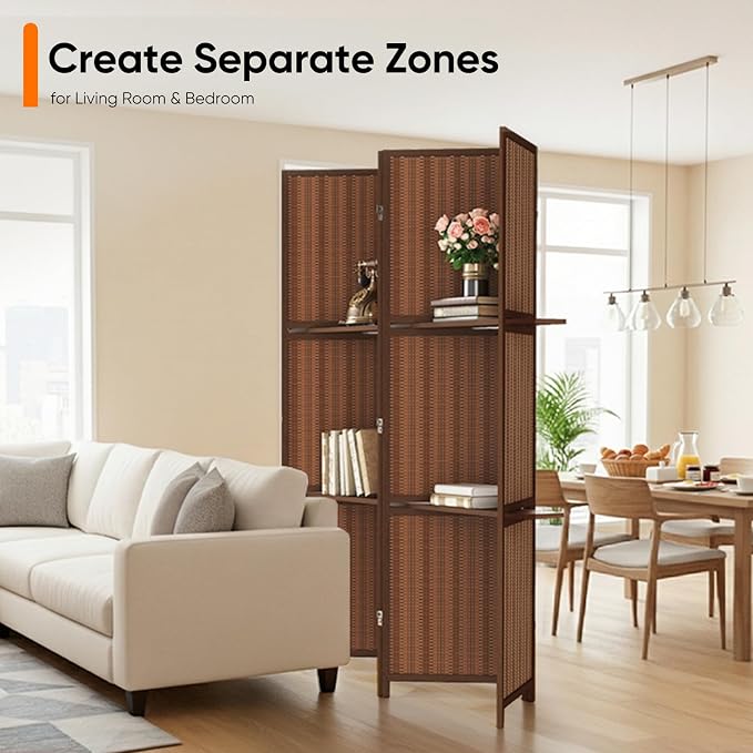 Bamboo Room Divider with Shelves, Natural Privacy Screen with Storage Board - Image 6