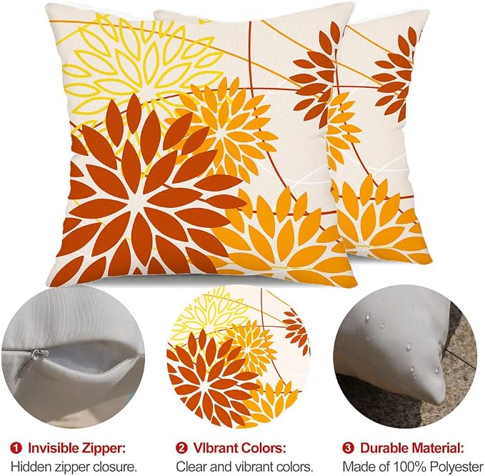 Brown Yellow Fall Pillow Cover 20X20 Inch Set of 2 Outdoor Waterproof Floral - Image 6
