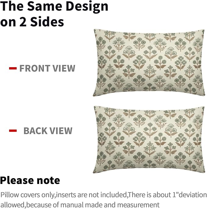 Brown Green Floral Pillow Covers 12x20 Inch Set of 2, Block Print Lumbar Flower - Image 4
