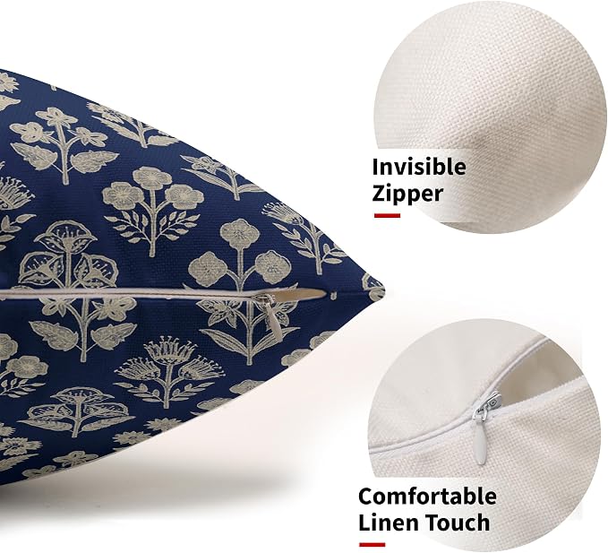 Dark Blue Pillow Covers 12x20 Inch Set of 2, Cream Floral Block Print Pattern - Image 2