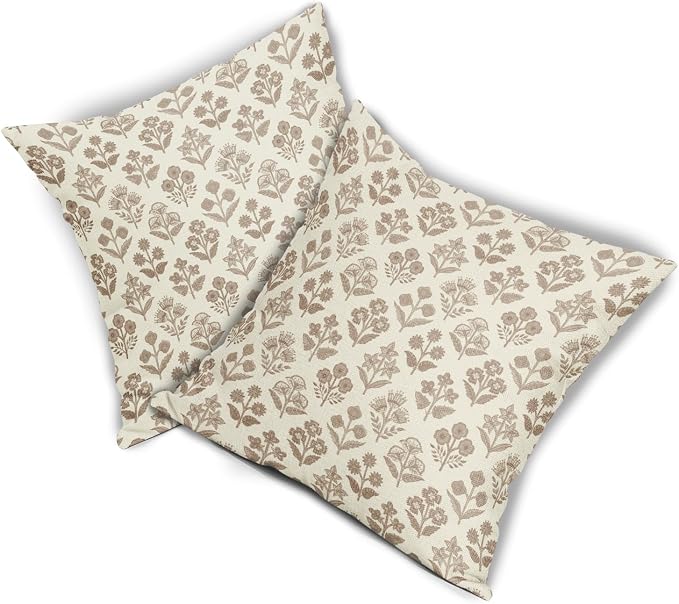 Brown Floral Pillow Covers 16x16 Inch Set of 2, Vintage Flower Block Print - Image 8