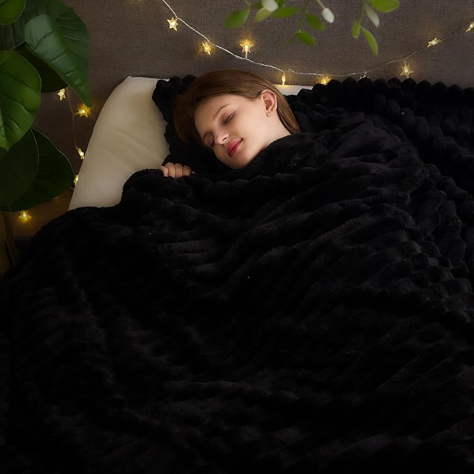 NEWCOSPLAY Super Soft King Blanket Black Premium Silky Flannel Fleece 3D Ribbed - Image 2