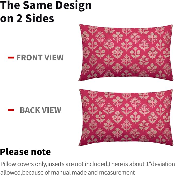 Hot Pink Pillow Covers 12x20 Inch Set of 2, Cream Floral Block Print Pattern - Image 4