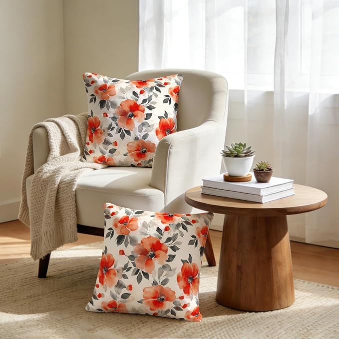 Burnt Orange Watercolor Floral Throw Pillow Covers 18x18 Set of 2, Spring Black - Image 2