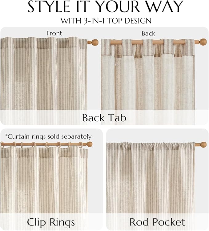 jinchan Linen Curtains Taupe Grey on Beige Striped Curtains - Image 6