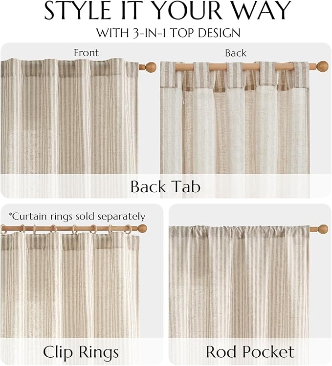 jinchan Linen Curtains Taupe Grey on Beige Striped Curtains - Image 6