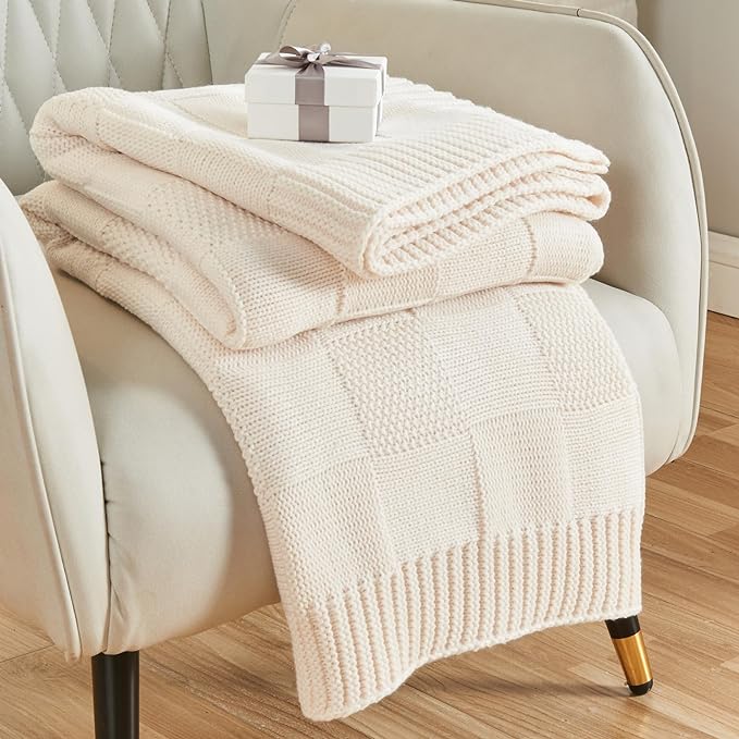 CozeCube Check Knit Throw Blanket, Cream White Checkered Throw by CozeCube