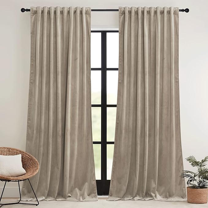 RYB HOME Camel Beige Velvet Curtains 96 inch, Room Darkening Window Curtains - Image 2