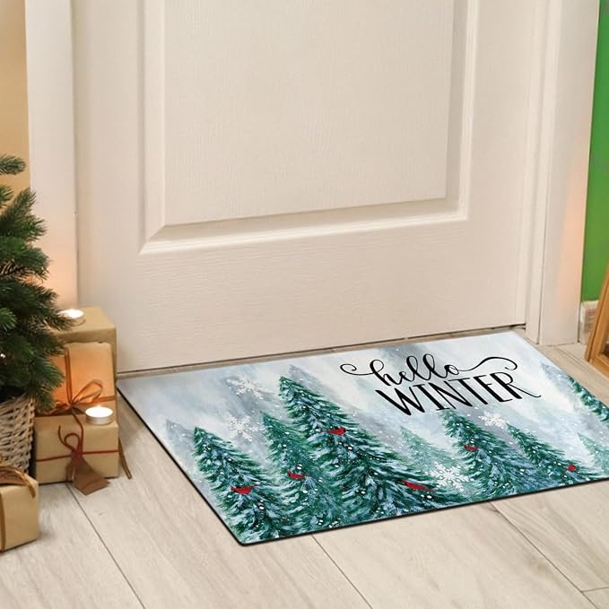 Hello Winter Door Mat Outdoor for Front Door, Pine Trees Snowy Forest Red - Image 6