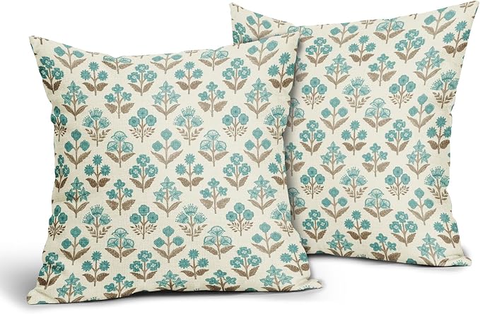 Brown Cyan Floral Pillow Covers 24x24 Inch Set of 2, Vintage Flower Block Print - Image 2