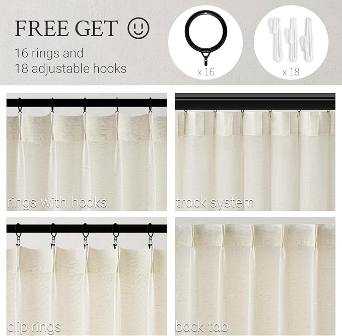Topfinel 105 Inch Curtains 2 Panels Set, Two Packs Pinch Pleat Back Tab Linen - Image 2