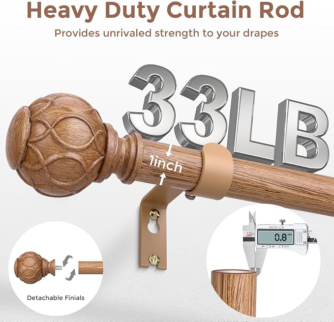 2 Pack Wood Curtain Rods for Windows 30 to 56 Inch, Boho Vintage Decorative 1 - Image 3