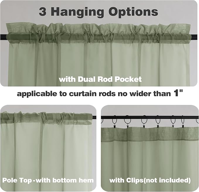Chyhomenyc Sage Green Sheer Curtains 96 Inches Long 2 Panels, Light Filtering - Image 3