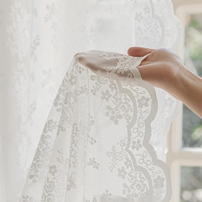 Rinwoc White Lace Semi-Sheer Valance Cafe Curtains – Vintage Floral Lace Tiers - Image 6