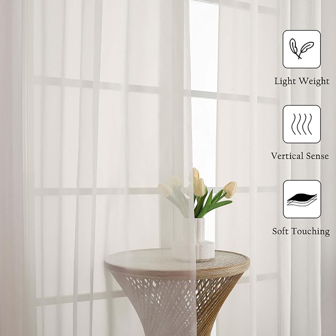 Lecloud Ivory Sheer Curtains 63 Inch Length 2 Panels Set, Rod Pockets Voile - Image 8