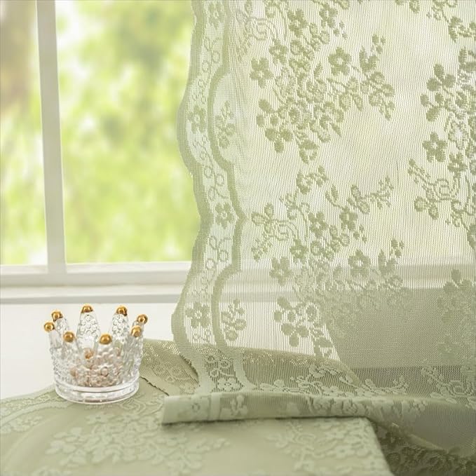YJ YANJUN Vintage Lace Curtains 72 Inches Long- Floral Pattern Sage Green Sheer - Image 3