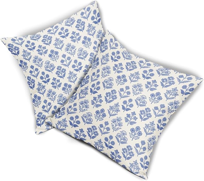 Blue Floral Pillow Covers 22x22 Inch Set of 2, Vintage Flower Block Print - Image 8