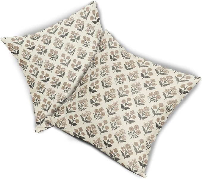 Black Brown Floral Block Print Pillow Covers 22x22 Inch Set of 2, Vintage - Image 8