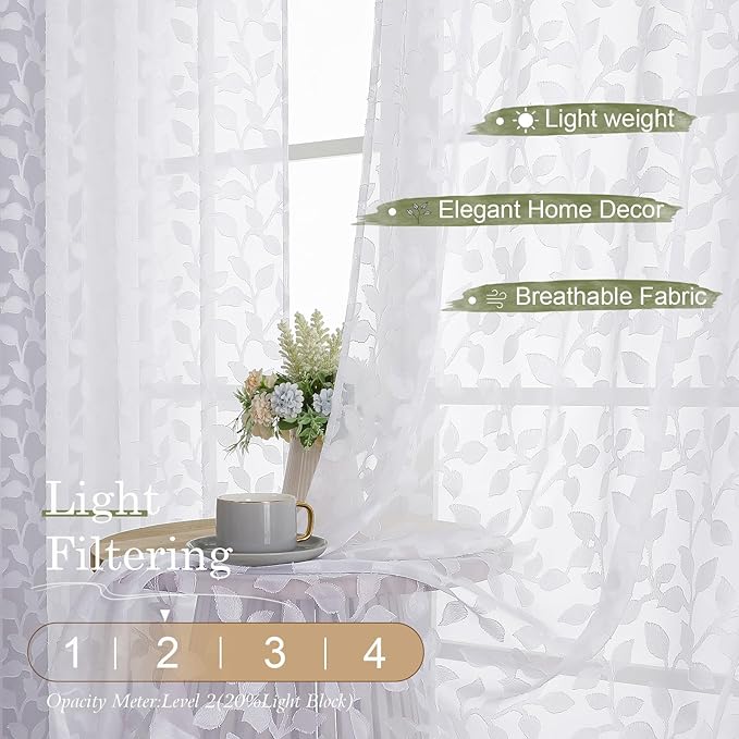 Chyhomenyc White Short Curtains 45 Inch Length 2 Panels, Light Filtering Leaf - Image 2