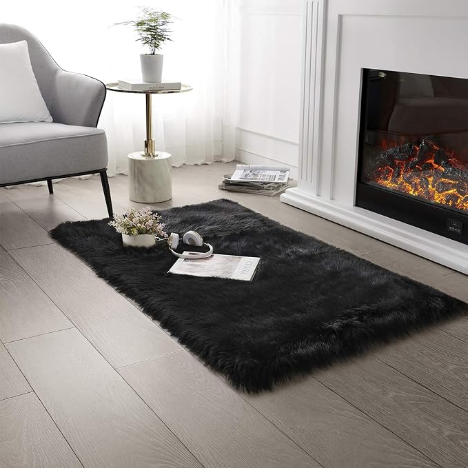 SERISSA Ultra Soft Faux Fur Area Rug Black Fluffy Rug Plush Chair Cover Seat by SERISSAHomeDecorCollection