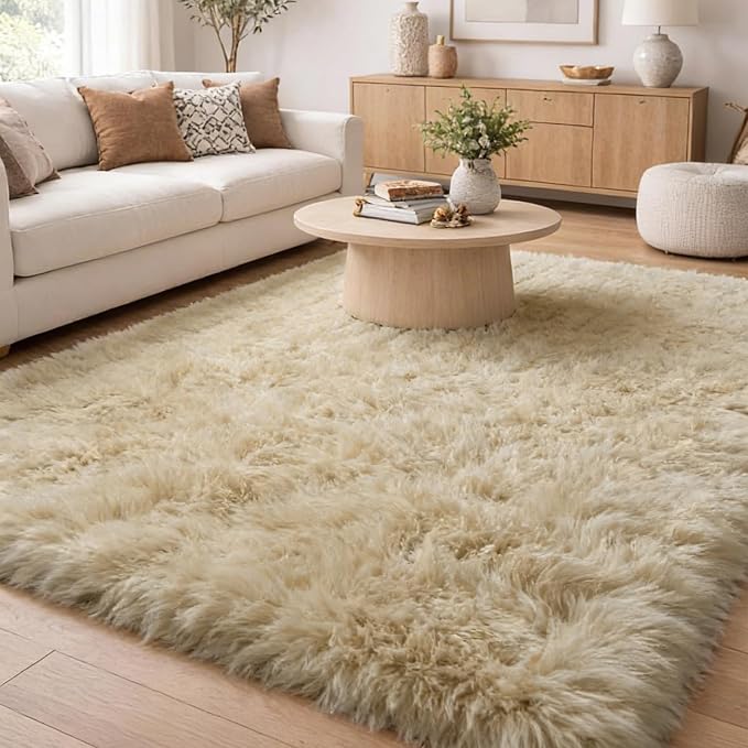 Amdrebio Beige Area Rugs for Living Room Bedroom, 6x9 Fluffy Plush Shag Furry by Amdrebio