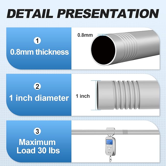 CorkLatta Silver Shower Curtain Rod 31 to 104 Inch, 1 Inch Diameter Adjustable - Image 3