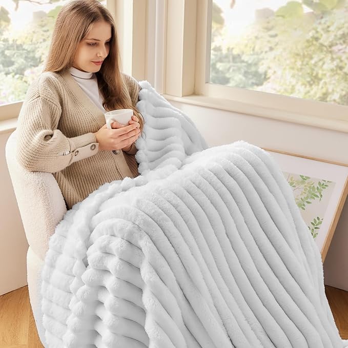 NEWCOSPLAY Super Soft Twin Blanket White Premium Silky Flannel Fleece 3D Ribbed - Image 2