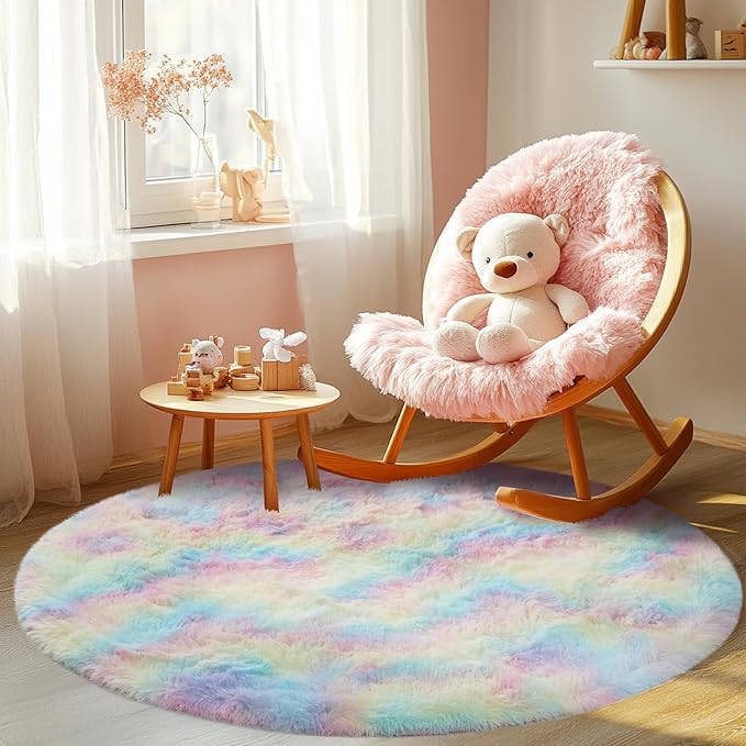 Round 4x4ft Fluffy Rainbow Rug: Ultra Soft Furry Girls Bedroom Carpet- Colorful - Image 4