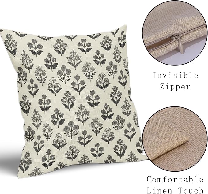 Black Grey Gray Block Print Pillow Covers 18x18 Inch Set of 2, Vintage Floral - Image 4