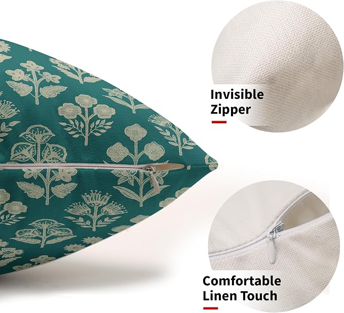 Teal Pillow Covers 12x20 Inch Set of 2, Cream Floral Block Print Pattern Lumbar - Image 2