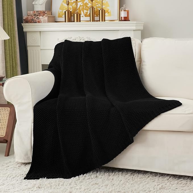 Chunky Cable Knit Throw Blanket Lightweight Black 100% Organic Cotton Blanket - Image 5