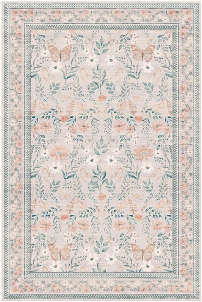 Rugxara Pink Floral 5x7 Washable Area Rug, Vintage Boho Non Slip, Low Pile Rugs - Image 9