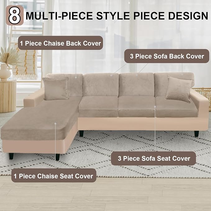 NAISI Sectional Couch Covers 8 Pieces Velvet Couch Cushion Covers L Shape Soft - Image 5