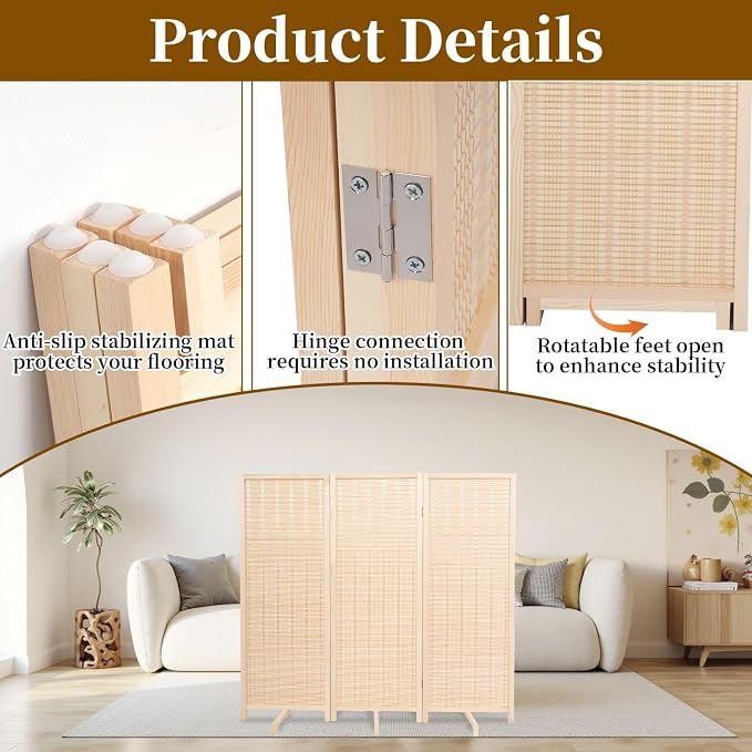 Bamboo Room Divider Panel with 360°Rotating Feet, 3 Panel 47" H Short Folding - Image 6