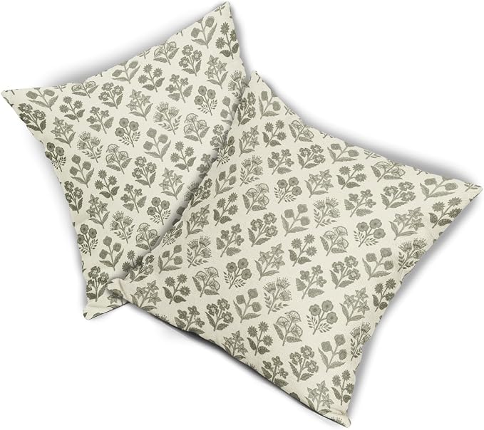Olive Green Floral Pillow Covers 16x16 Inch Set of 2, Vintage Flower Block - Image 7