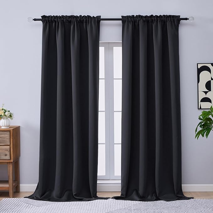 OVZME Black Blackout Curtains 96 Inch Length 2 Panels Set, Solid Thermal by OVZME