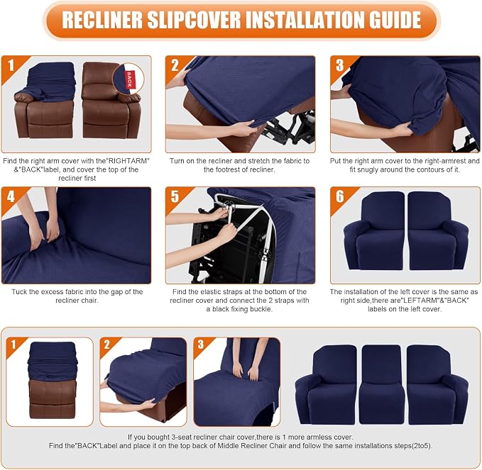 VANSOFY Recliner Cover, 3-Pieces Stretch Reclining Couch Covers - Image 6