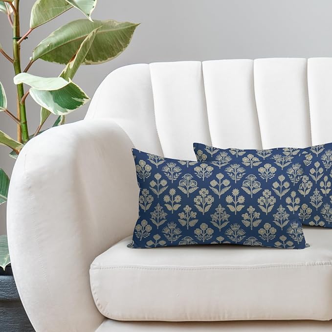 Blue Pillow Covers 12x20 Inch Set of 2, Cream Floral Block Print Pattern Lumbar - Image 5