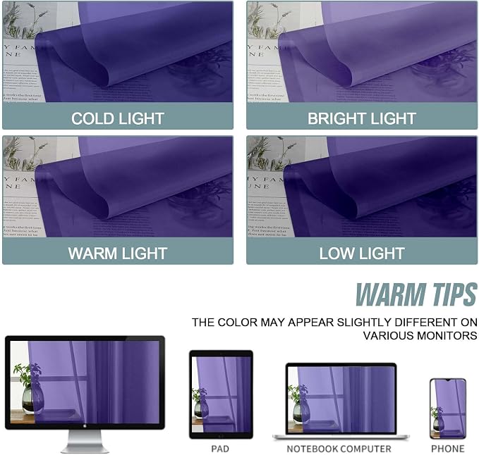 Purple Sheer Curtains 63 Inch Length 2 Panels, Voile Sheer Curtain - Image 6