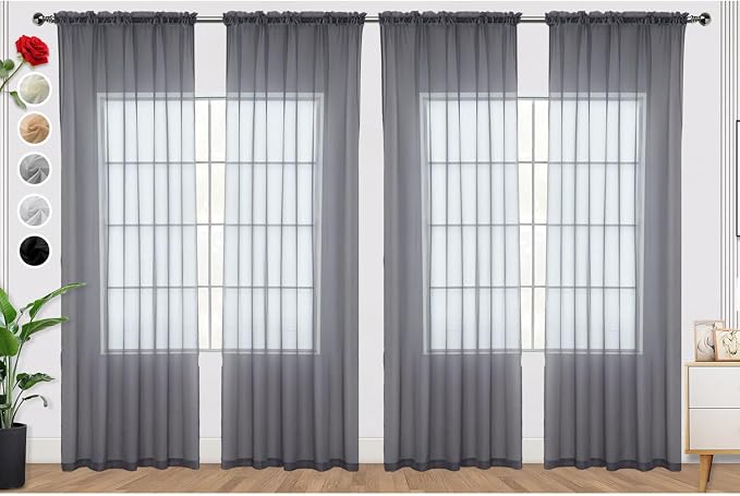 SpaceDresser Grey Sheer Curtains 4 Panels Rod Pocket Semi-Sheer Curtain 90 by SpaceDresser