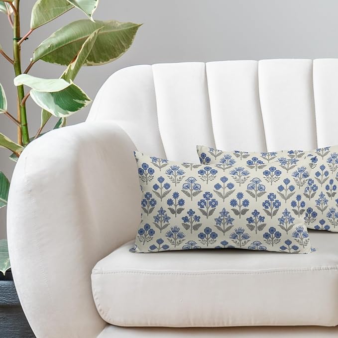 Blue Grey Gray Floral Pillow Covers 12x20 Inch Set of 2, Block Print Lumbar - Image 5