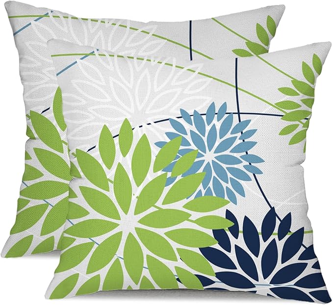DFXSZ Green and Dark Light Blue Floral Pillow Covers 20x20 Set of 2 Outdoor by DFXSZ