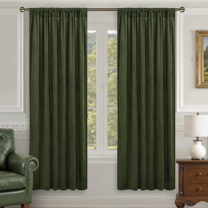 LAMIT Olive Green Velvet Blackout Curtains 78 Inch, Vintage Thermal Insulated - Image 2